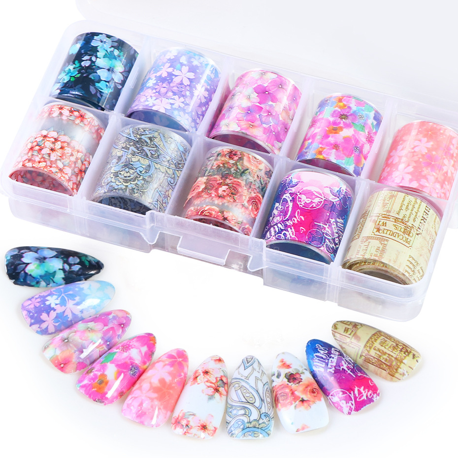 

10pcs Holographic Nail Transfer Stickers Gradient Laser Marble Nail Foils Glue DIY Stencils Nails Tips Nail Accessory, As picture