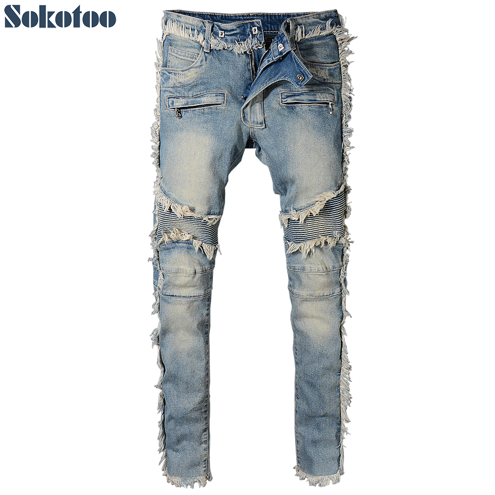 

Men's vintage washed denim fringe biker jeans for moto Fashion slim fit straight patchwork pants for big and tall, Blue