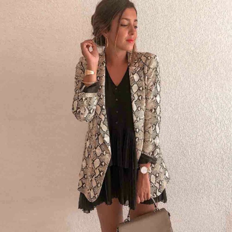 

2019 Fashion Women Ladies Snakeskin Long Sleeve Slim Suit Cardigan Coat Autumn Office Jacket, Brown