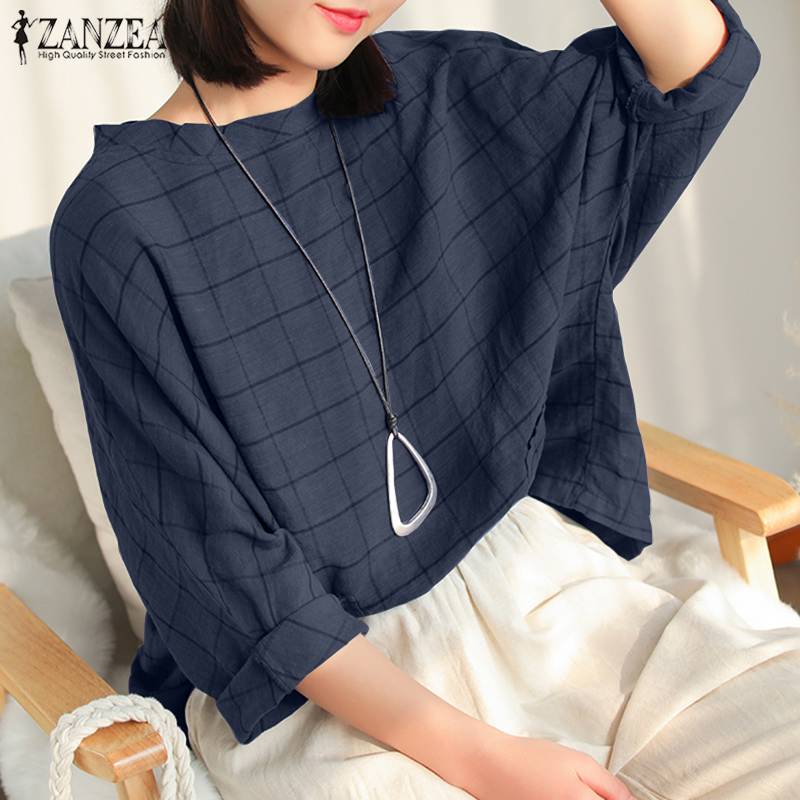 

Stylish Check Shirts Women' Spring Blouse ZANZEA 2020 Casual Long Sleeve Blusas Female O Neck Tunic Oversized Plaid Tops 5XL, Blue