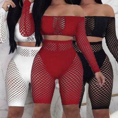 

New Fashionable Sexy And Charming Fishnet Women See Through Mesh Long Sleeve Tops+Shorts Pants Pure Color, Black