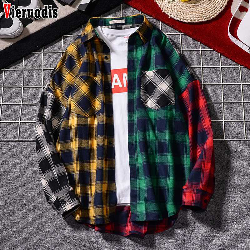 

Spring And Summer Men ' Loose Plaid Shirt Casual Jacket Hip Hop Trend Thin Shir Men Student Plaid Long Sleeve Loose Shirt 5XL, Picture color