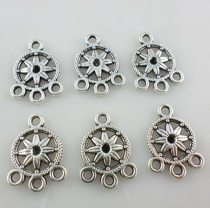 60Pcs Tibetan Silver Tone Round Flower Heart Charms Connectors 13x18mm