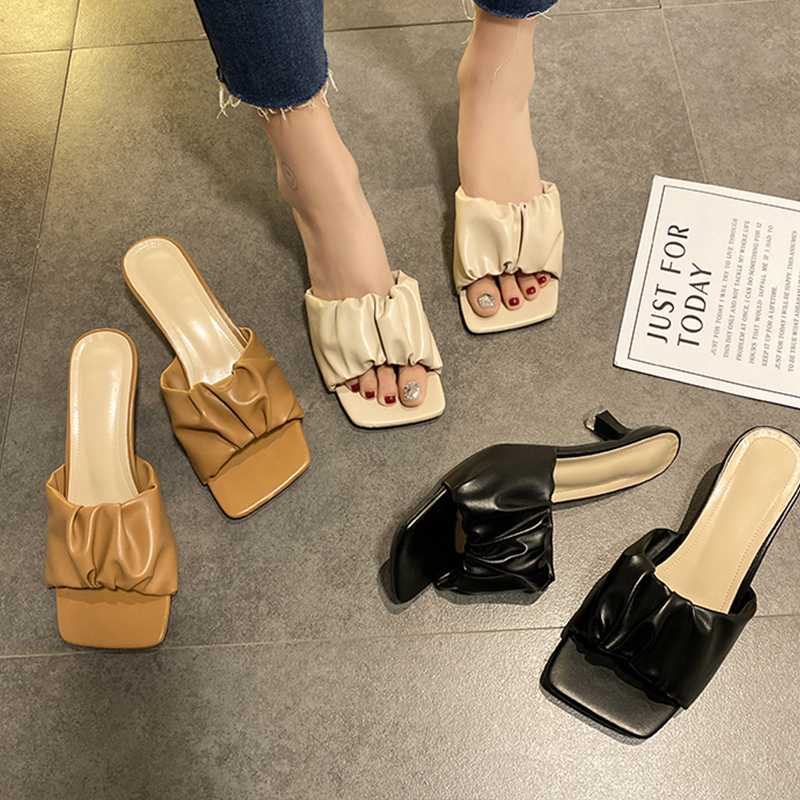 

2020 Slides Women Shoes Summer Women Slippers Open Toe Sandals Mules Fashion Middle Heels Female Shoes Free Shipping, Beige