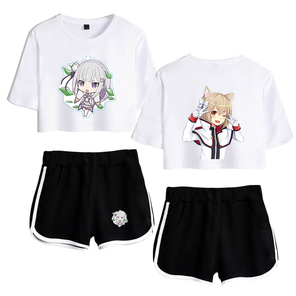

Summer Women's Sets Re Zero Rem and Ram Short Sleeve Crop Top + Shorts Sweat Suits Women Tracksuits Two Piece Outfit Streetwear, Gray