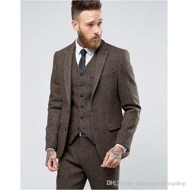 New Style Brown Thick Steel Tweed Fabric Man Work Business Suit Groom Wedding Tuxedos Mens Prom Party Suits (Jacket+Pants+Vest+Tie) J718