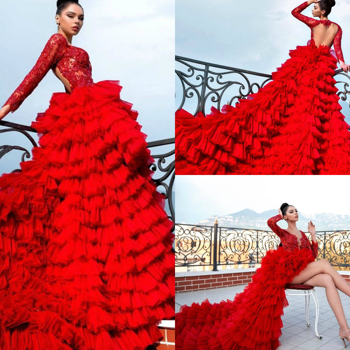 

Luxury Red Evening Dresses Tiered Skirts Long Sleeves V Neck Ruffles Sweep Train High Low Prom Dress Custom Made A Line Formal Gowns, Same as picture