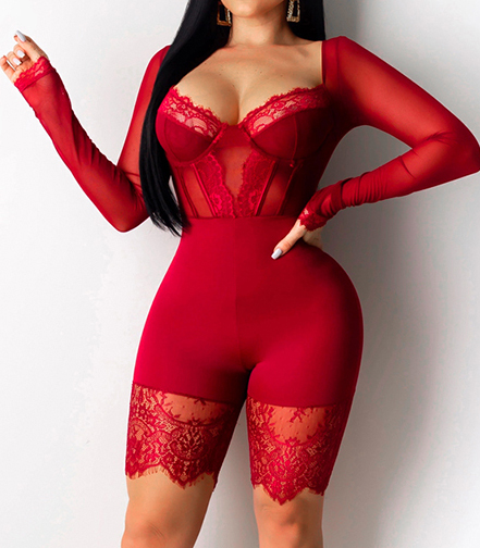 

Lace Bodysuit Long Sleeve Mesh See Through Sexy Jumpsuit Women V-neck Bodycon Romper Plus Size Black Playsuit