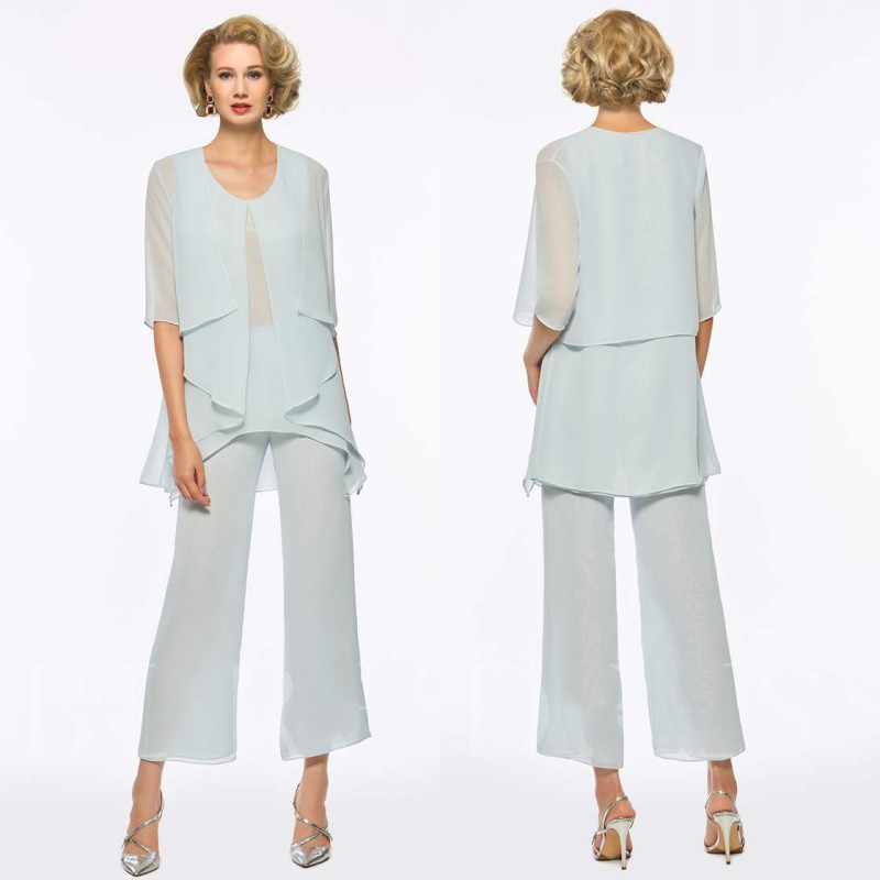 

Plus Size Chic Mother Of The Bride Pant Suit With Jacket 3 Piece Chiffon Beach Wedding Guest Dress Long Sleeves Mothers Formal Gown
