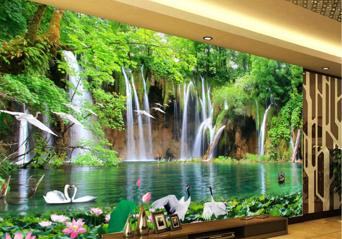 

WDBH 3d wallpaper custom photo Mountain waterfall crane lotus painting living room home decor 3d wall muals wall paper for walls 3 d, Non-woven