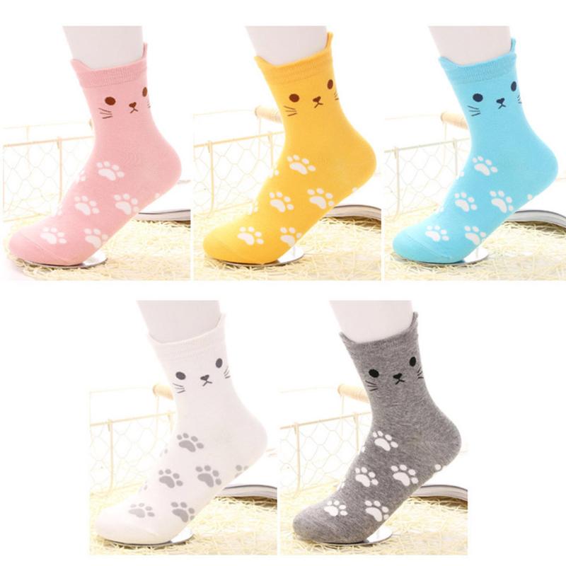

Fashion Cartoon Little Ear Cat Cotton Sock With Footprint Cute Short Casual Tube Socks For Women Girls, Pk