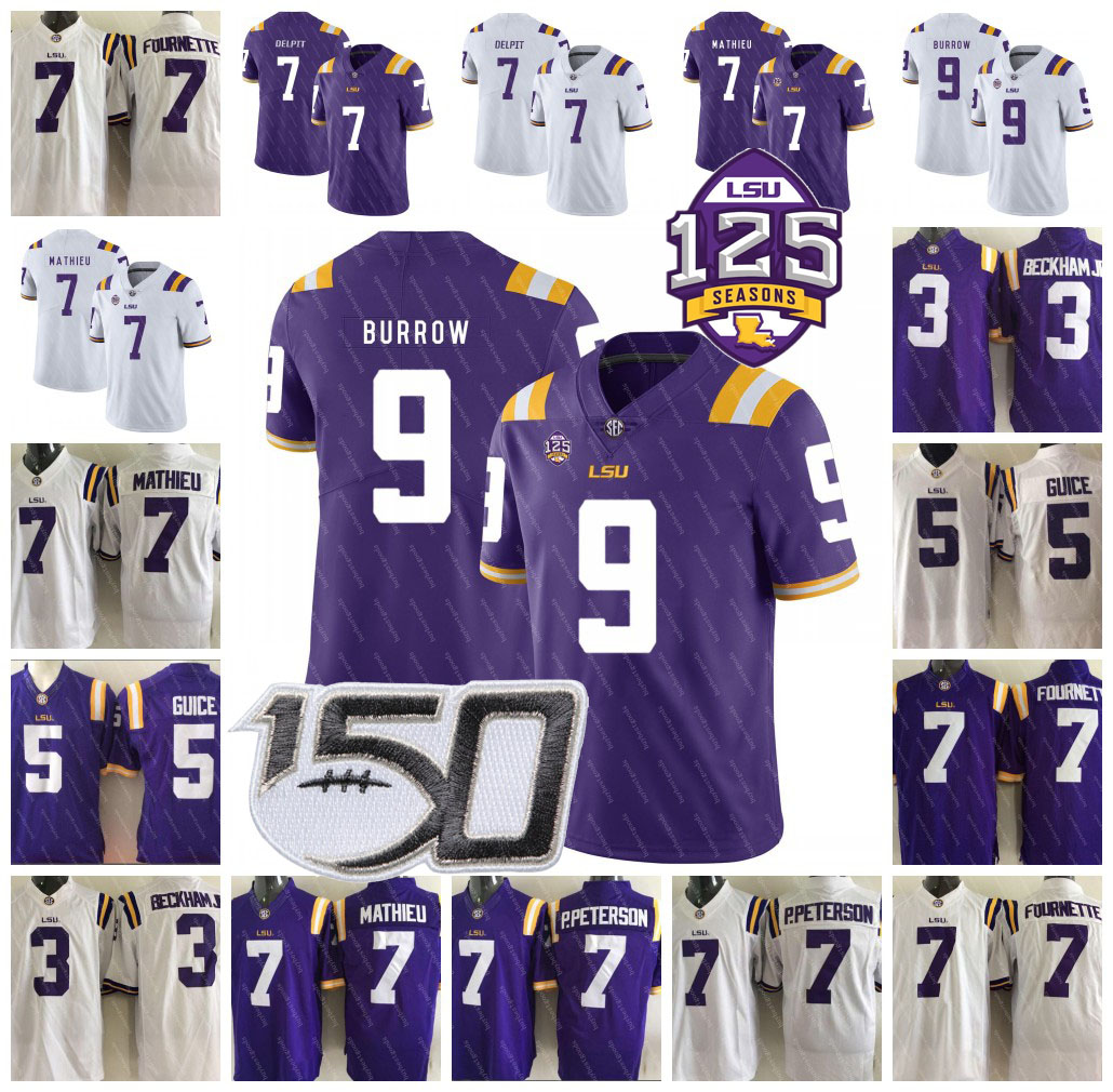 

125TH LSU Tigers Football 9 Joe Burrow Jersey 7 Grant Delpit Tyrann Mathieu Leonard Fournette 3 Odell Beckham Jr. NCAA 150TH Jersey