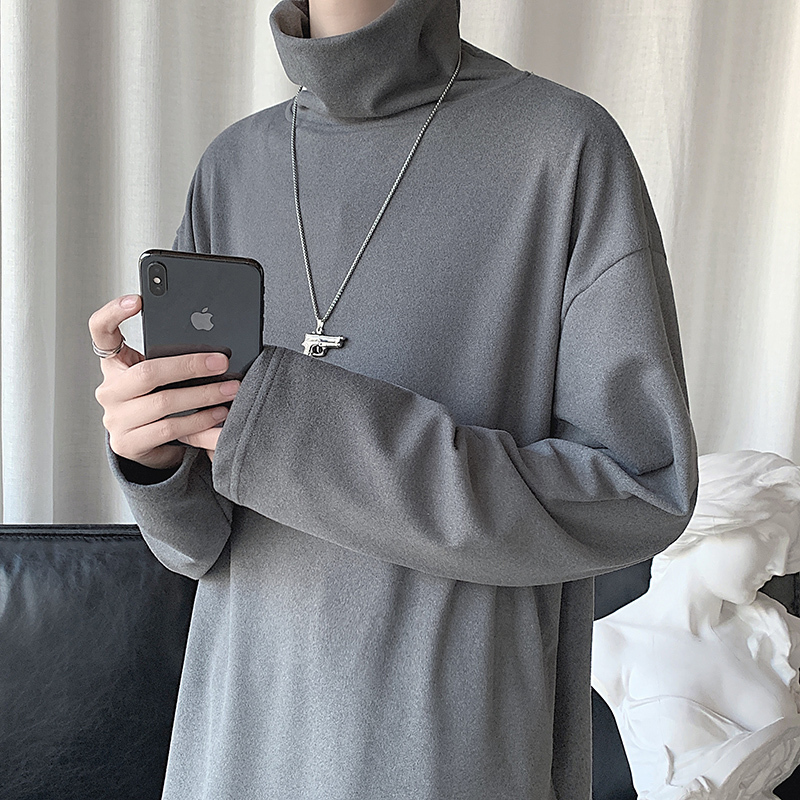 

2019 Autumn And Winter New Youth Popular Loose Wild Turtleneck Pullover Fashion Casual Solid Color Base Shirt -2XL, Black