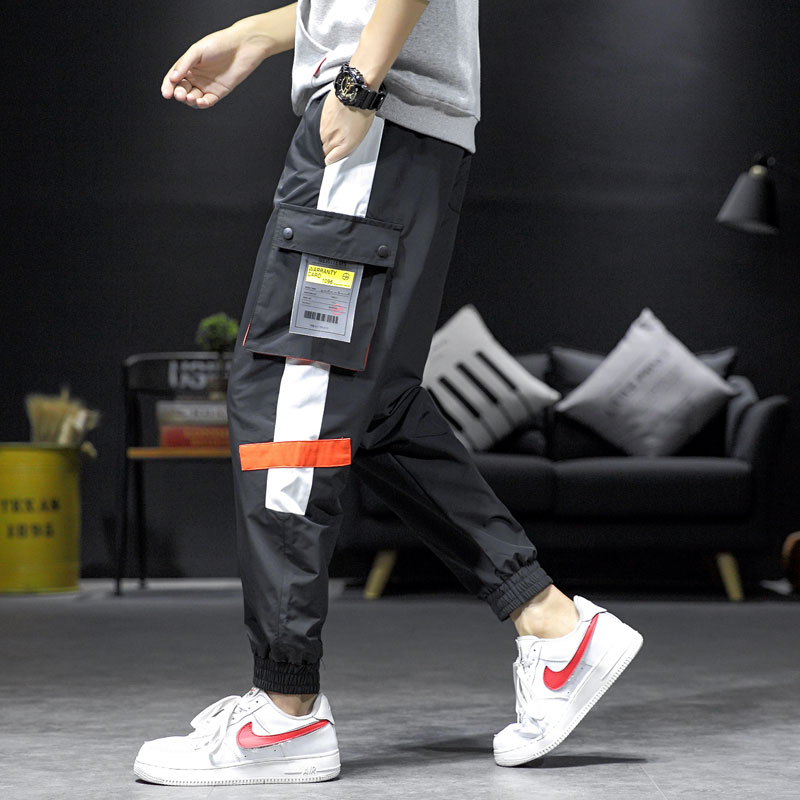 

Men's overalls hit color oversized youth casual pants 2020 spring and summer men's casual street sports pants hip-hop beam, Black
