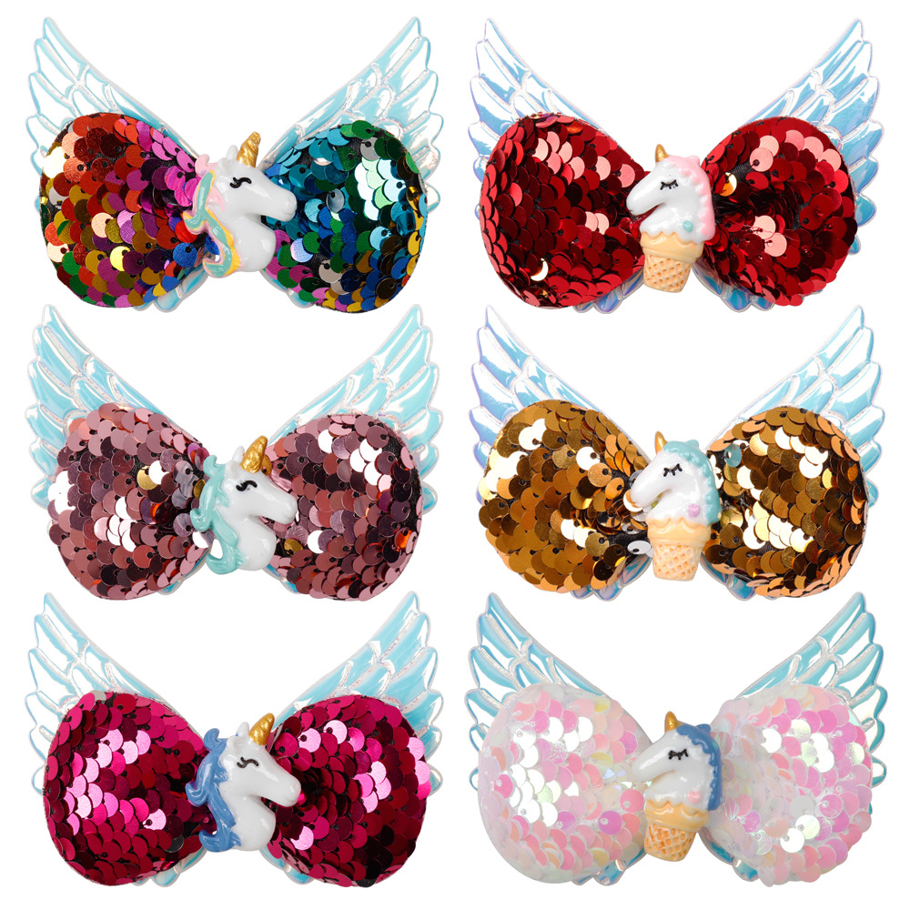 

6-color 3.5 inch Hair bows Unicorn Clips Christmas Sequense With Angel Wing hair Bows Unicorn Charm Girls Hair Accessory Barrettes, As pic/10g/3.5inch
