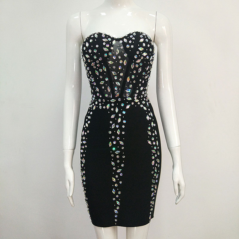 

Sexy tube top crystal mesh perspective dress tight evening Party dress Birthday Celebrate Prom Outfit Bar Women Dance wear, Black