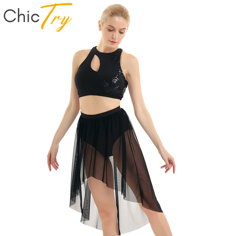 

ChicTry Shiny Sequins Asymmetrical Gymnastics Ballet Crop Tops Leotard Mesh Skirt Set Women Contemporary Lyrical Dance Costumes, Black