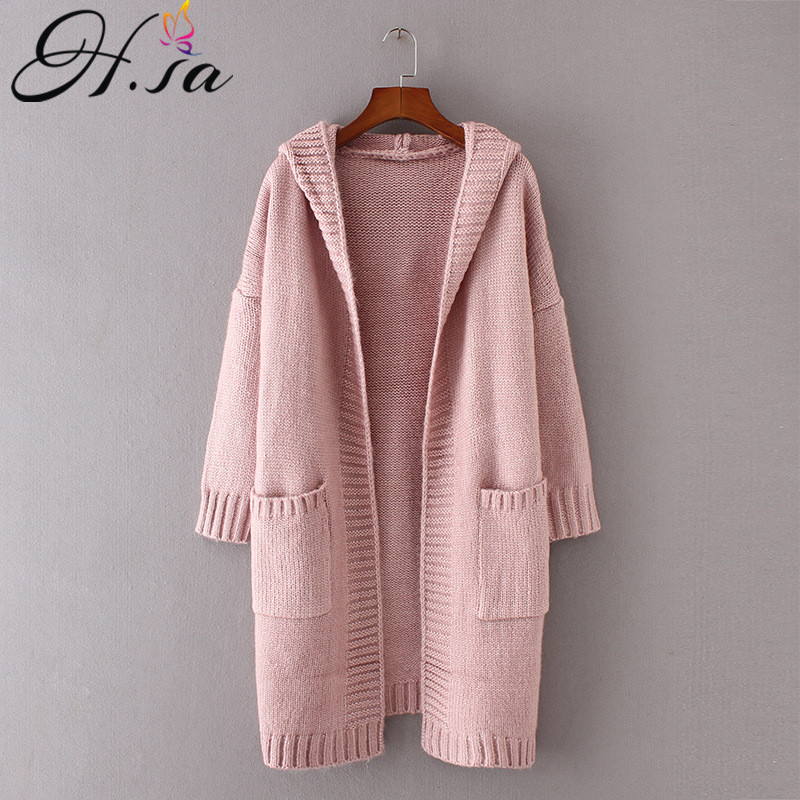 

H.SA 2017 Autumn Women Long Knitted Sweater Coat Hooded Sweater Cardigans Poncho Pockets Jumpers Long Casaco Feminino, Hf17114 green