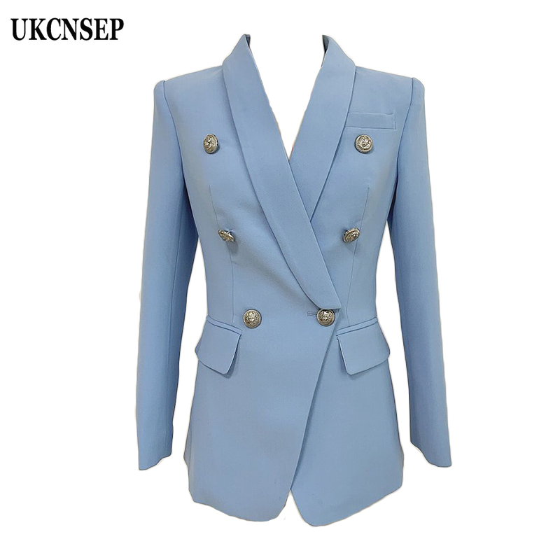 

UKCNSEP 2020 Winter Autumn Women Blazers Jacket Women Double Breasted Button Casual Coat Out Wear, Sky blue
