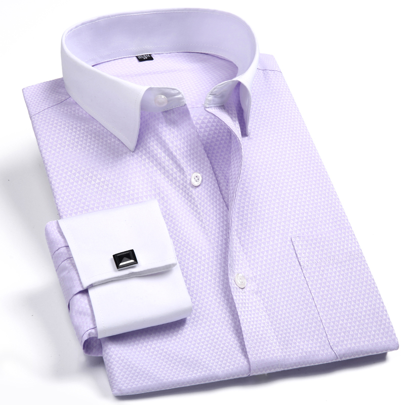 Mens Dress Shirt Plus Size 4XL 5XL 35% Cotton Formal Fashion French Solid Lavender Asian Size for Spring Summer ZWXFS18