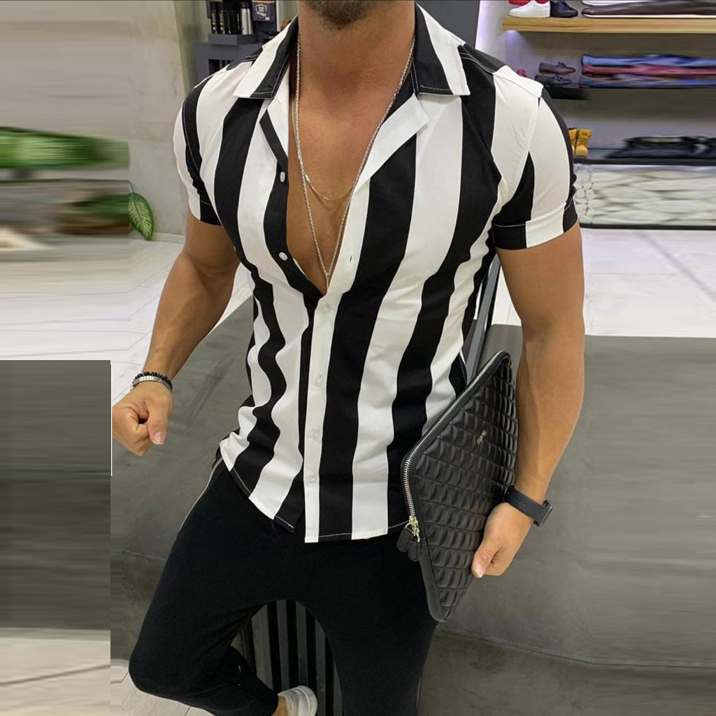 Januarysnow Summer Striped Shirt Men Vertical Short Sleeve Casual Slim Fit Hawaiian Shirts Men Dress Clothes 2019 Camisa Social Oversize-image-533929873