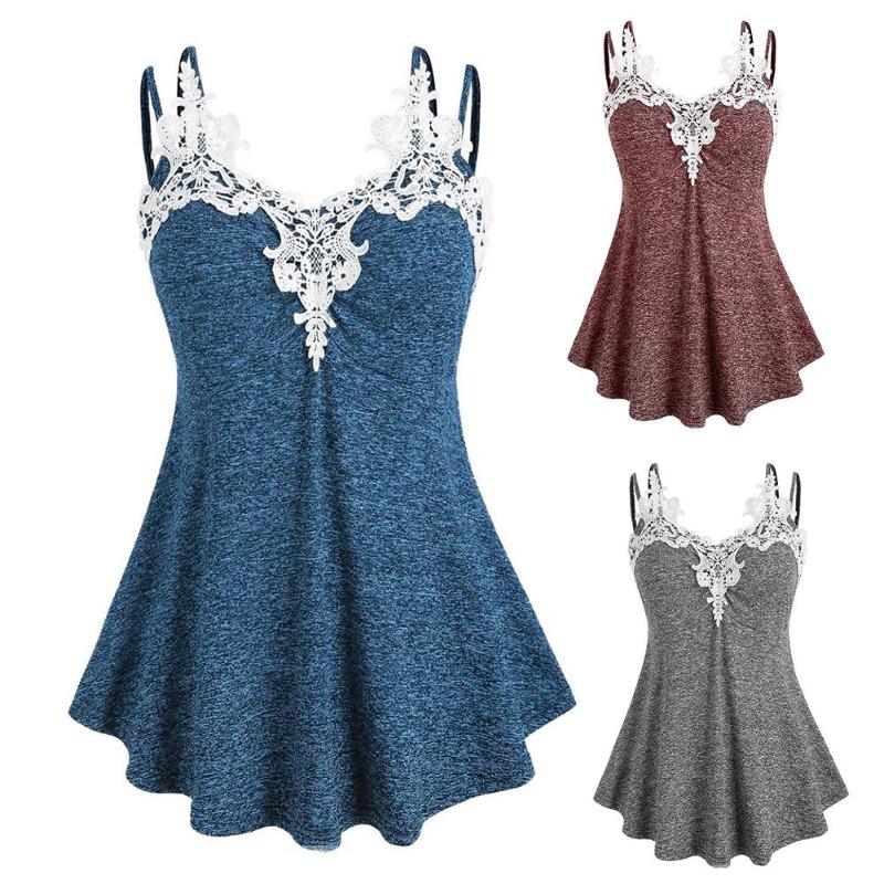 

Summer Women' Sexy Sling Fashion Casual Summer Sleeveless V-neck Lace Collar Camisole Top Vest Plus Size -2XL, Blue