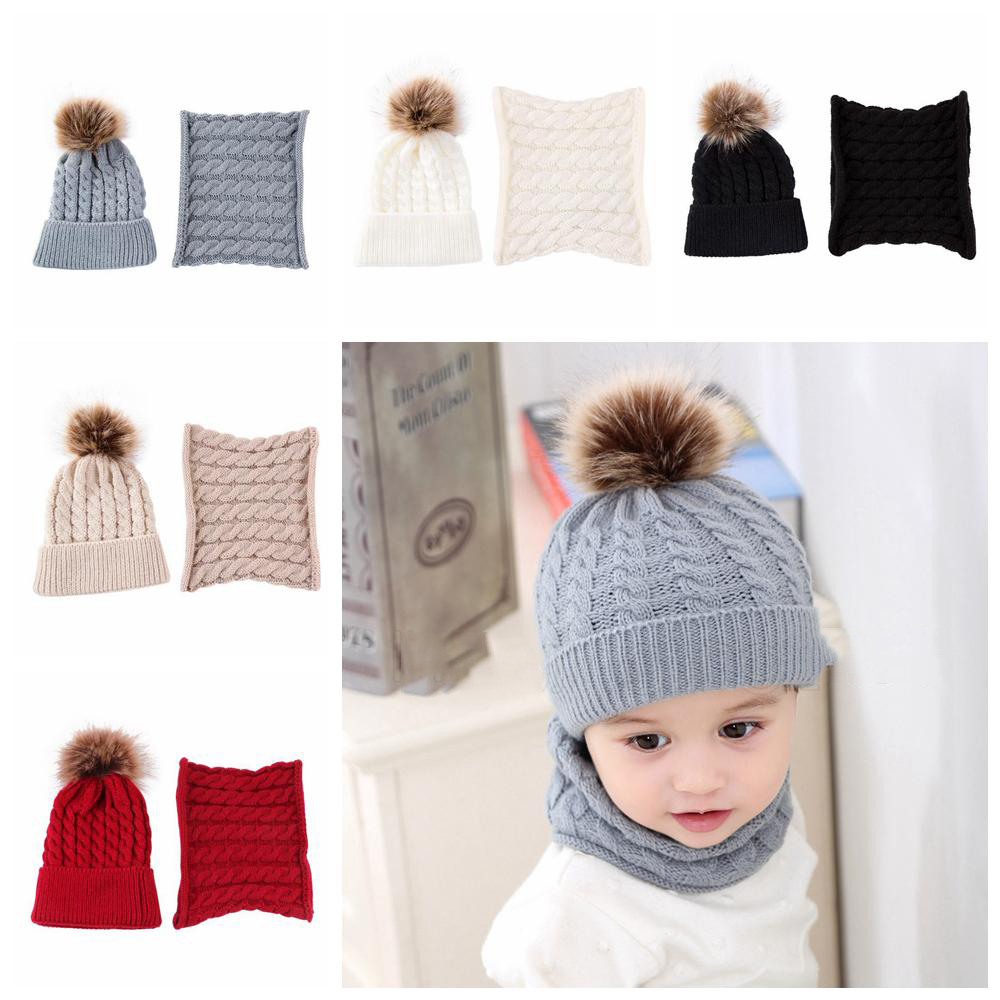 Winter Knitted Wool Hat and Scarf for Kids Boys Girls Pompom Ball Windproof Warm