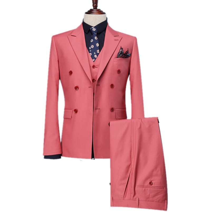 

Double Breasted Groomsmen Groom Tuxedos Peak Lapel Hot Pink Men Suits Wedding Prom Dinner Best Man Blazer ( Jacket+Pants+Vest+Tie ), Same as image