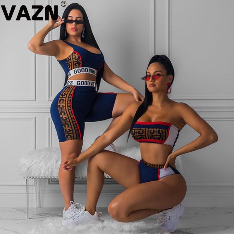 

VAZN GCY18159 Summer Red Blue BlackYoung Girl Crop Top Print England Style Sexy 2019 Set Sleeveless 2 Piece Sets Night Club Sets, Blue vibes