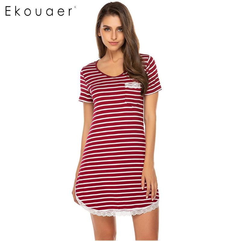 

Ekouaer Women Summer Nightgown Sleepshirts V-Neck Short Sleeve Pocket Striped Lace Sleepwear Night Dress Ladies Nightwear, Ydf1
