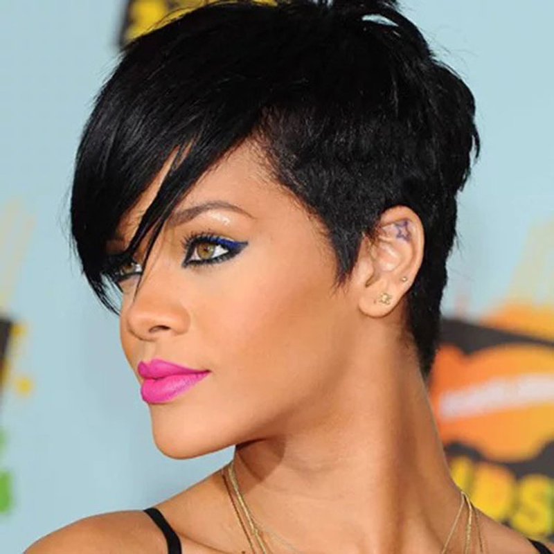 

Rihanna Style New Stylish 1B color Black Short Straight Africa American wigs Synthetic Ladys' Hair Wig/Wigs Full Wig Capless