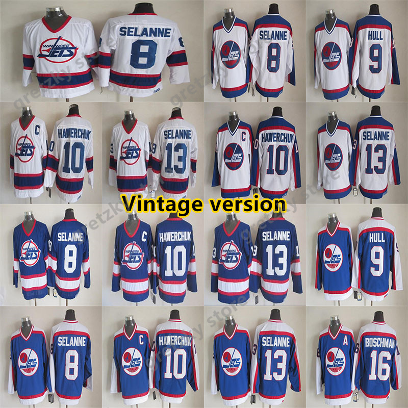 

Winnipeg Jets Vintage jerseys 13 SELANNE 10 HAWERCHUK 8 SELANNE 16 BOSCHMAN 9 HULL CCM Hockey Jerseys, White