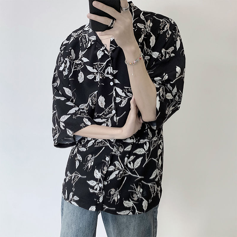 2020 Summer Men's Flower Printed Hawaiian Shirt Camisa Masculina Mens Clothes Short Sleeves Fashion French Cuff Shirts M-2XL