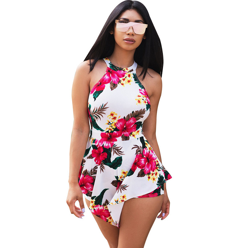 

Sexy Off Shoulder Floral Print Boho Beach Romper Women Halter Sleeveless Short Jumpsuit Ladies Summer Playsuits Macacao Feminino, Black