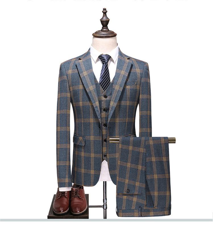 

Mens Suits 3 Pieces Plaid Slim Fit Wedding Suits Groom Tweed Tuxedos for Wedding (Jacket+Pants+Vest) S-4XL, Blue