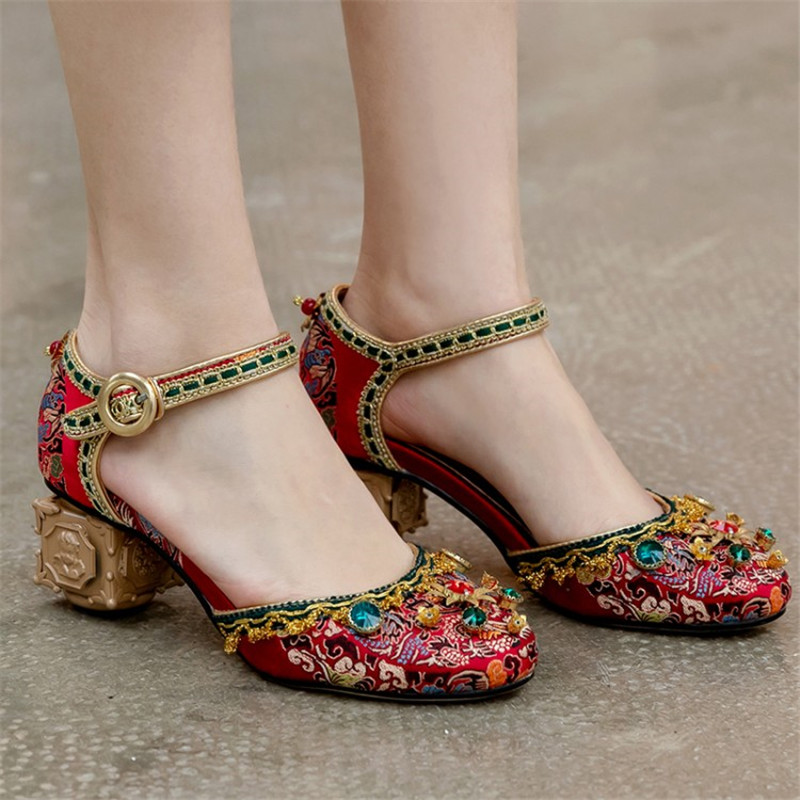 

PXELENA Gorgeous Designer Ethnic Embroider Crystal Sandals Women Strange High Heel Party Dress Wedding Shoes Ankle Strap Plus Sz, Red
