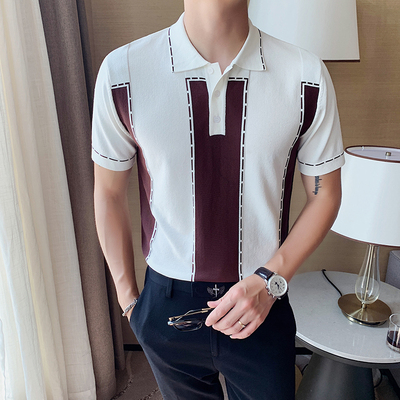 

2020 summer sportsman short-sleeved knitted shirt hit color dotted line British business slim lapel ice silk shirt tide, Black