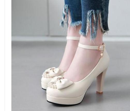 

2019 Women's shoes in Spring and Autumn with New style High heel Coarse heel round head bowknot waterproof table@303, Black