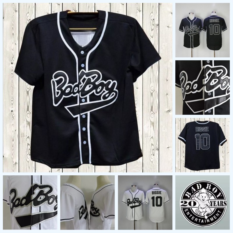 

Mens Bad Boy Movie Baseball Jersey #10 Biggie The Notorious B.I.G.Smalls Black White Baseball Film Buttons Jersey Double Stitched Lettering