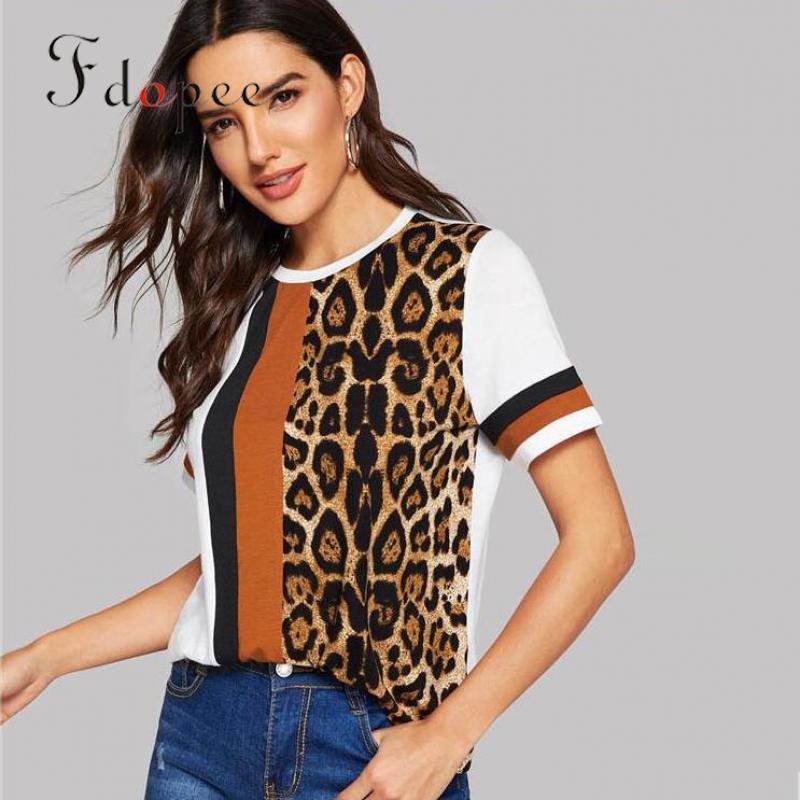 

2019 T-shirt Women Fashion Casual Leopard Print Short Sleeves Color Matching Loose Comfort Breathable Cotton Personalized Tops Y19060601, As the photo