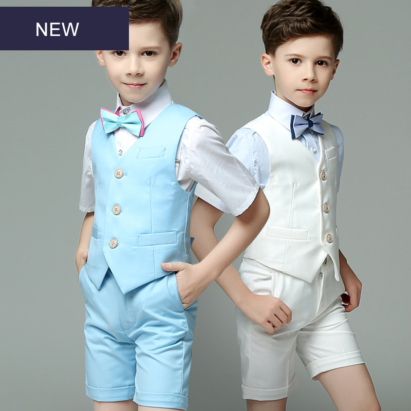 

Children's Summer Short Sleeve 4Pcs/Set Vest+Bowtie+Pants+Shirts Gentlemen's Boys Show Performance Wedding Groom Blazers Suits, Blue