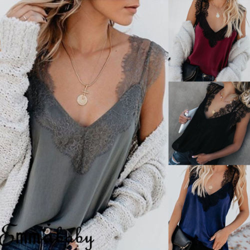 

Womens Summer Tank Tops Cami Lace Casual Plain Sleeveless Camisole Vest T-Shirts, Blue