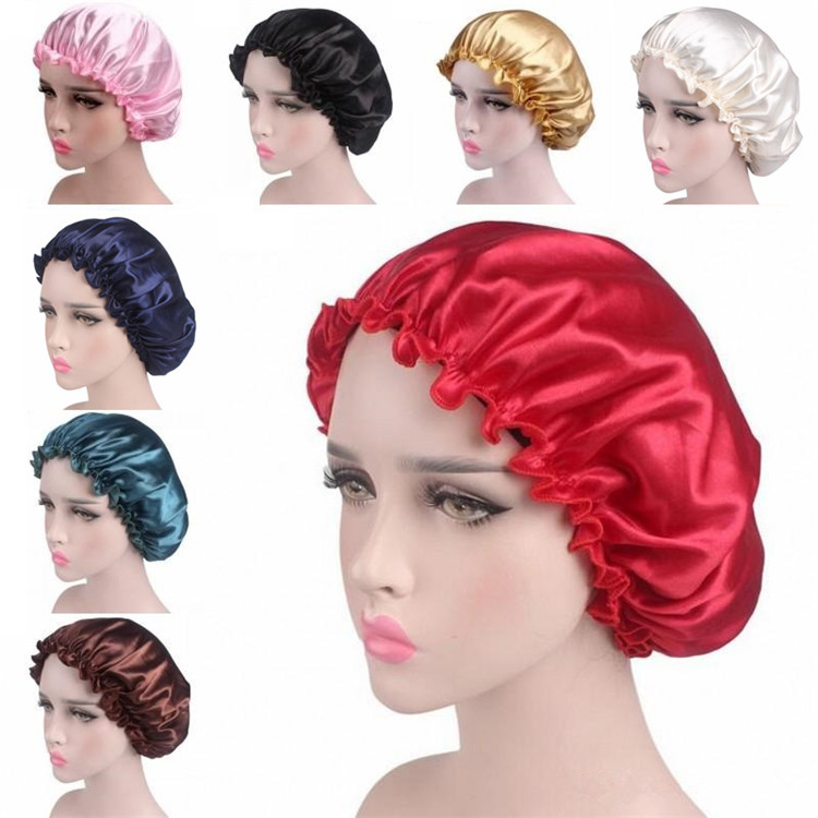 Damen Satin Bonnet Kappe Nacht Schlaf Haar Schutz Kopf Hülle Breites Band Bad US