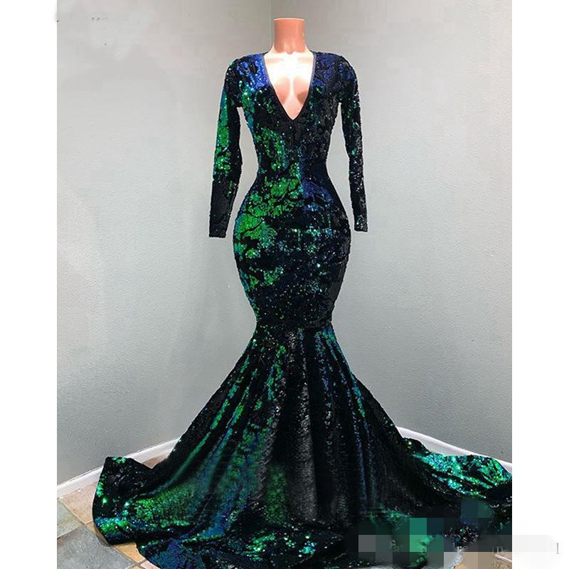 

2020 Vintage Green Prom Dresses Long Sleeves Sequins Lace Applique Sexy Deep V Neck Plus Size Eveing Gown Formal Occasion Wear Custom Made, White