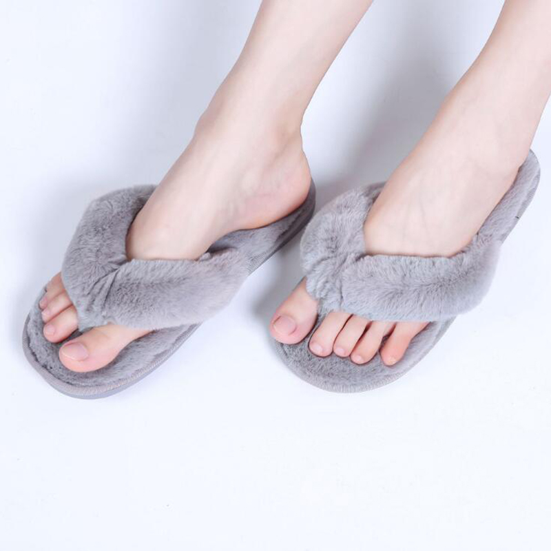 

Winter Fashion Women Home Slippers Faux Fur Warm Shoes Woman Slip on Flats Female Fur Flip Flops Plus Size, Gray