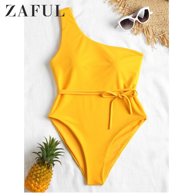

Zaful One Piece Swimwear Women Swimsuit Sexy One Shoulder Padded Swimsuit Solid Padded One Piece Bright Yellow Bathing Suit Y19072501, White;black