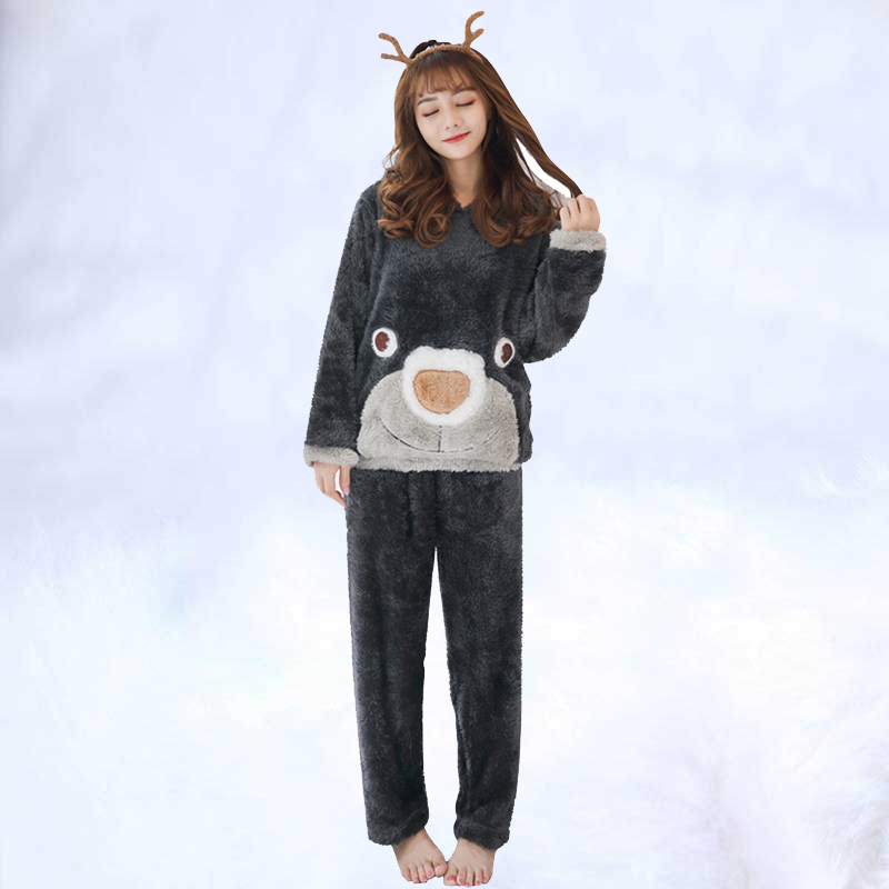 

2019 Winter Thick Warm Flannel Pajama Sets Cartoon Pyjamas Women Homewear Animal Sleepwear Female Pajama, Beige
