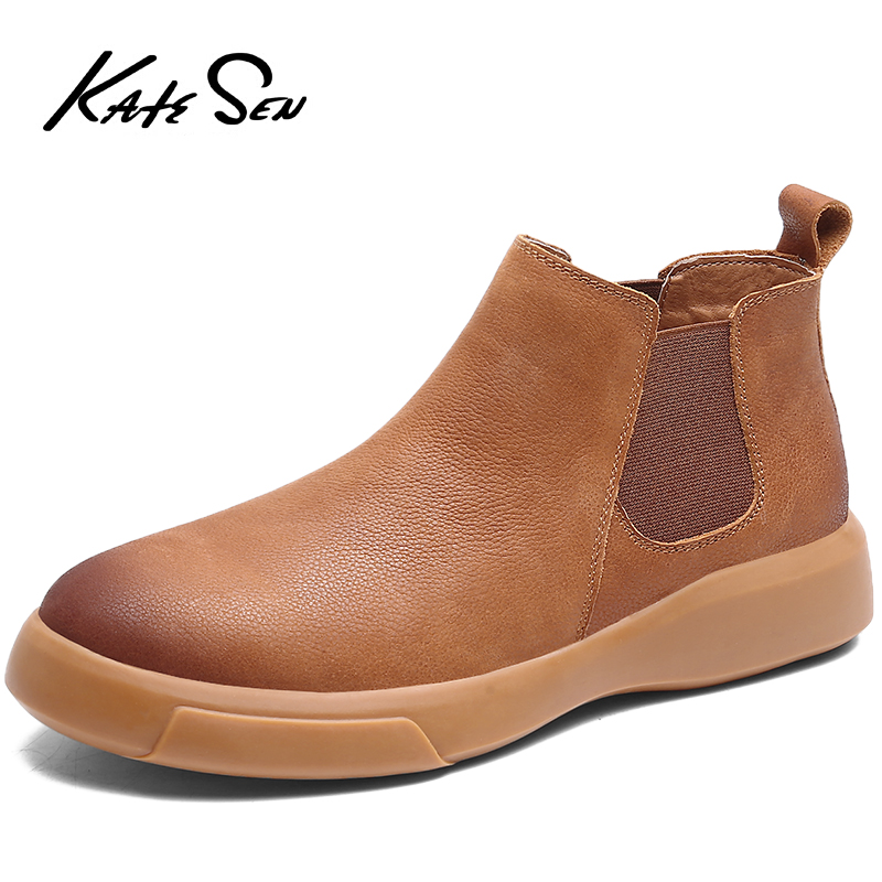 

KATESEN Autumn Winter plush warm genuine leather men boots all season work shoes man ankle boot with fur Outdoor boots, Black