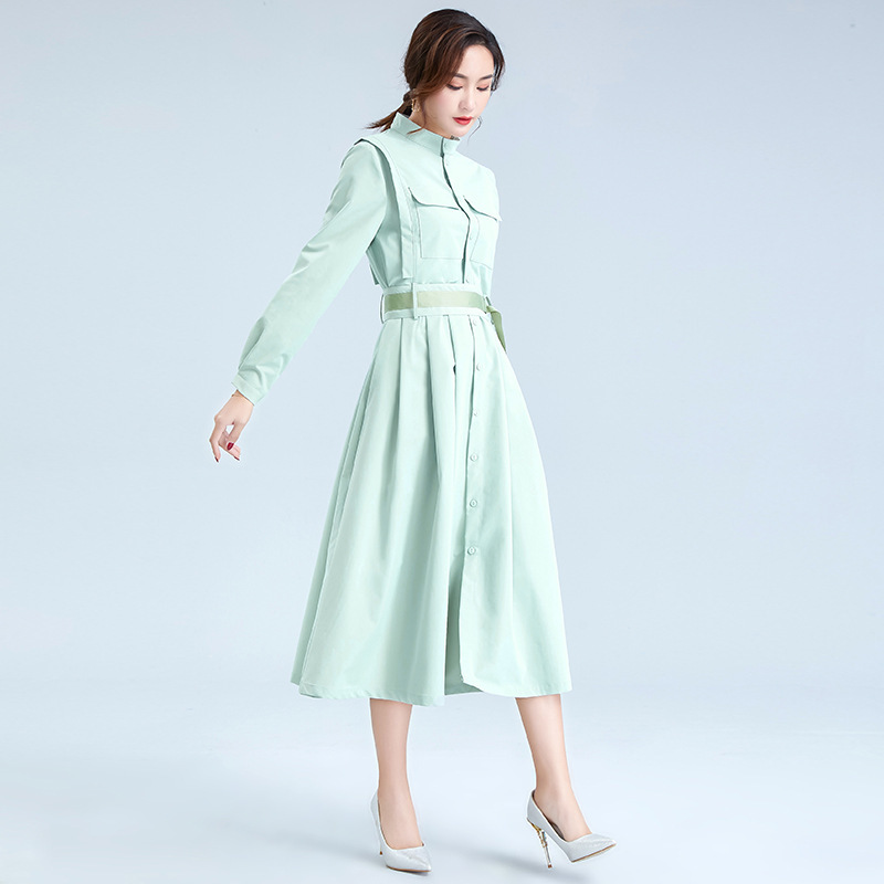 

Spring 2020 new women's single breasted belt solid color long windbreaker stand collar long sleeve swing fit coat, See chart