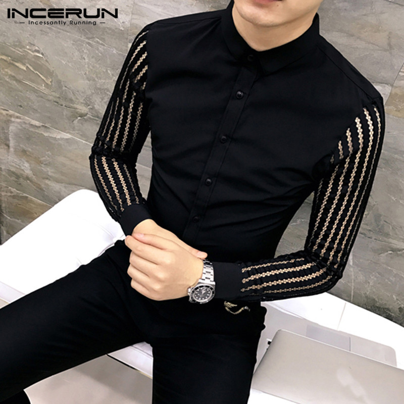 

Men' Casual Shirts INCERUN Men Solid Color Lapel Long Sleeve Lace Patchwork Dress Shirt Korean Fashion Clubwear Party Slim Mens Blouse, Black